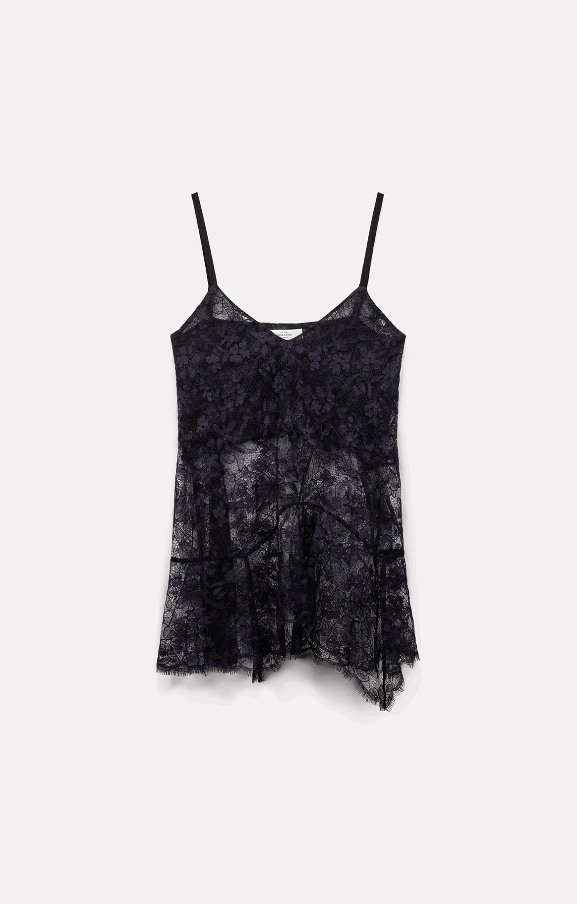 Flat-lay view of the Roseanna Latte navy lace camisole with thin straps