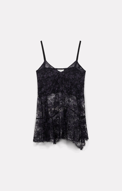 Flat-lay view of the Roseanna Latte navy lace camisole with thin straps