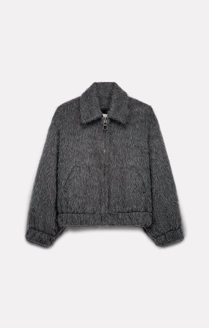 Flat-lay view of the Roseanna Orso smoke long-pile zip jacket