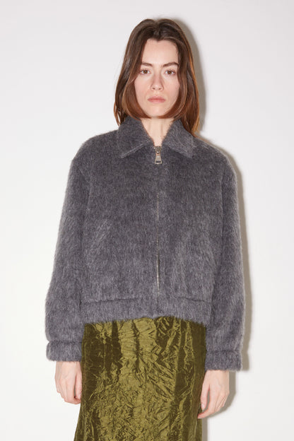 Front view of the Roseanna Orso short jacket in smoke grey long-pile knit