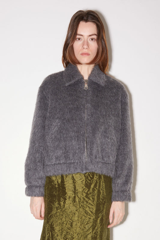 Front view of the Roseanna Orso short jacket in smoke grey long-pile knit