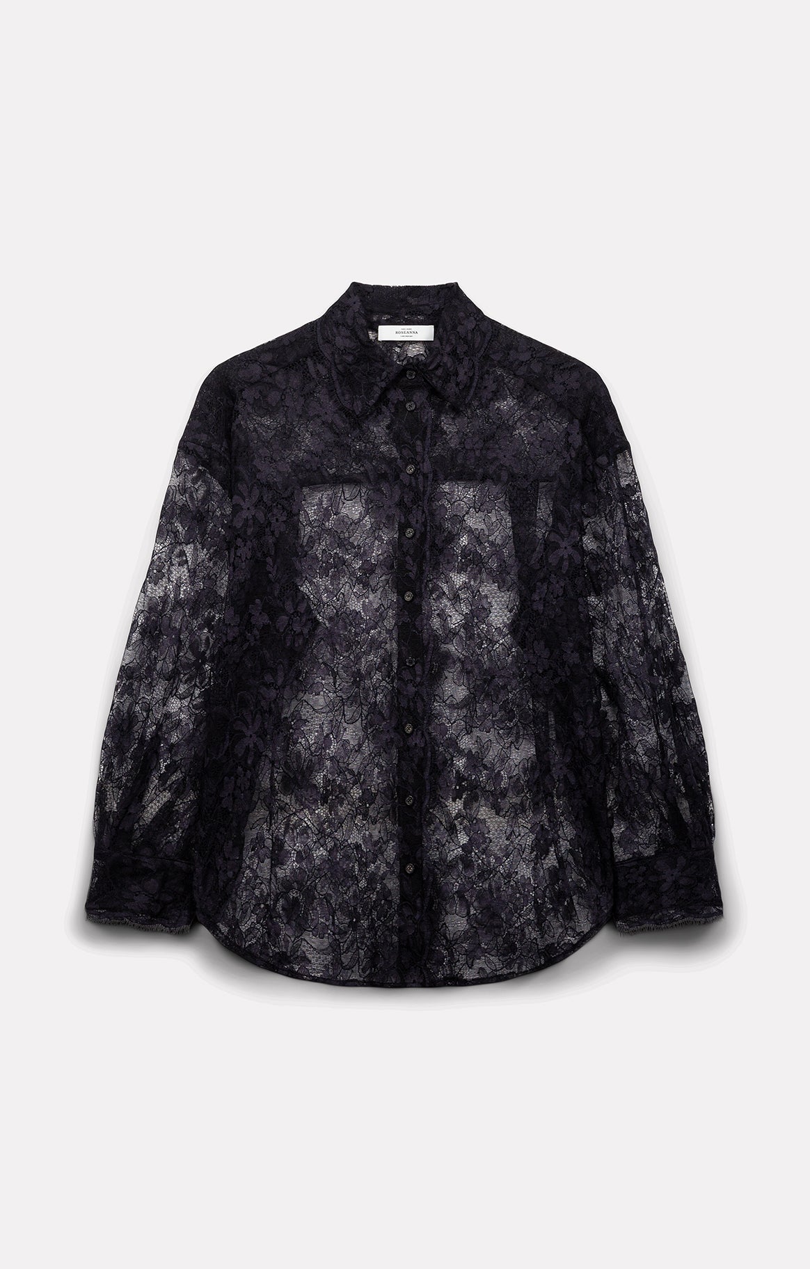 Flat-lay view of the Roseanna Tish navy lace shirt with scalloped collar and cuffs