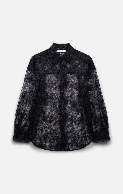 Flat-lay view of the Roseanna Tish navy lace shirt with scalloped collar and cuffs