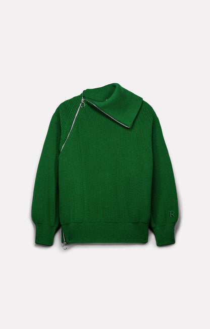 Flat-lay view of the Roseanna Zip green sweater with two-way zip